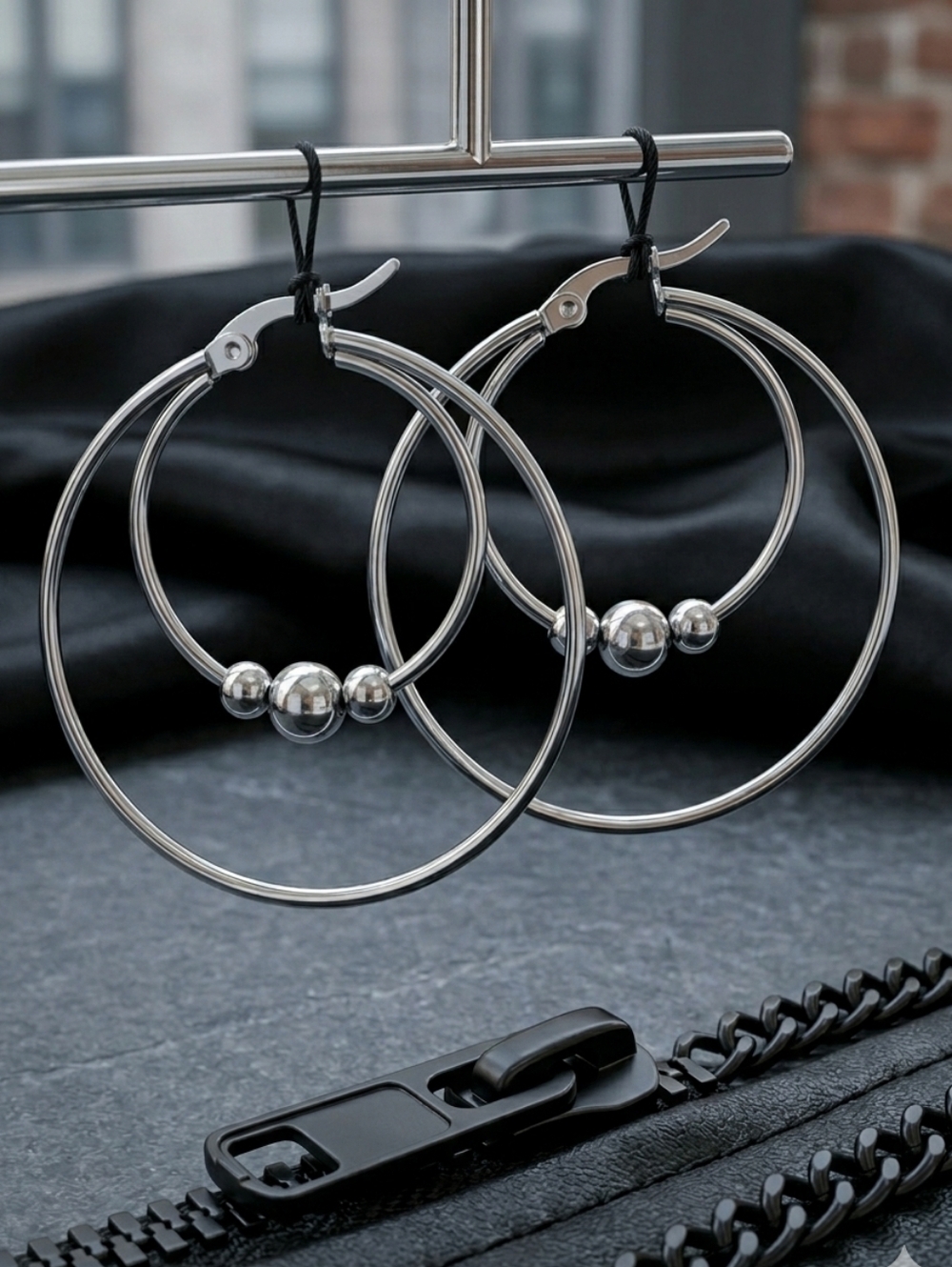 Silver Beaded Hoop Earrings Stainless Steel Mob Wife Old Money Mid Size 1.4"